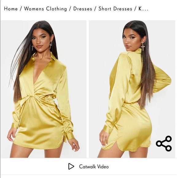 NWT Katalea Dark Lime Twist Front Silky Shirt Dress NWT pretty little thing - Picture 6 of 9